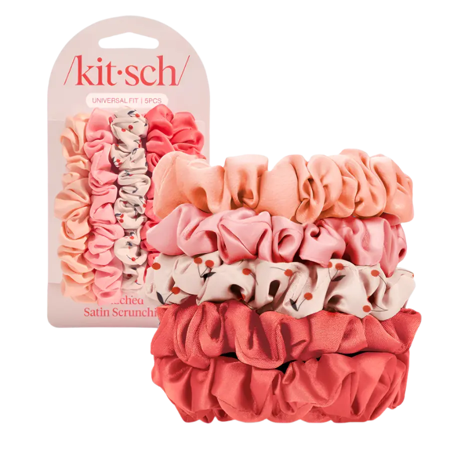 Ruched Satin Scrunchies 5pc Set Assorted Cherry Blossom
