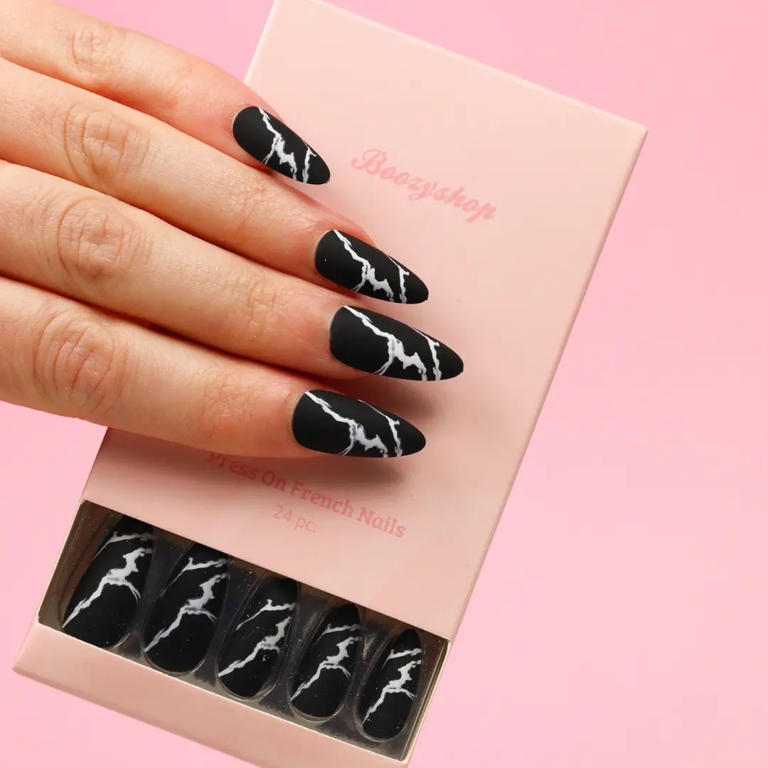 Press On French Nails Black Marble - Image 3
